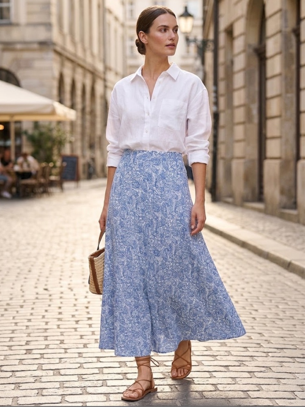 L.L.Bean 100% Linen Maxi Skirt Women’s Sz 12 Blue Paisley Long A-Line.